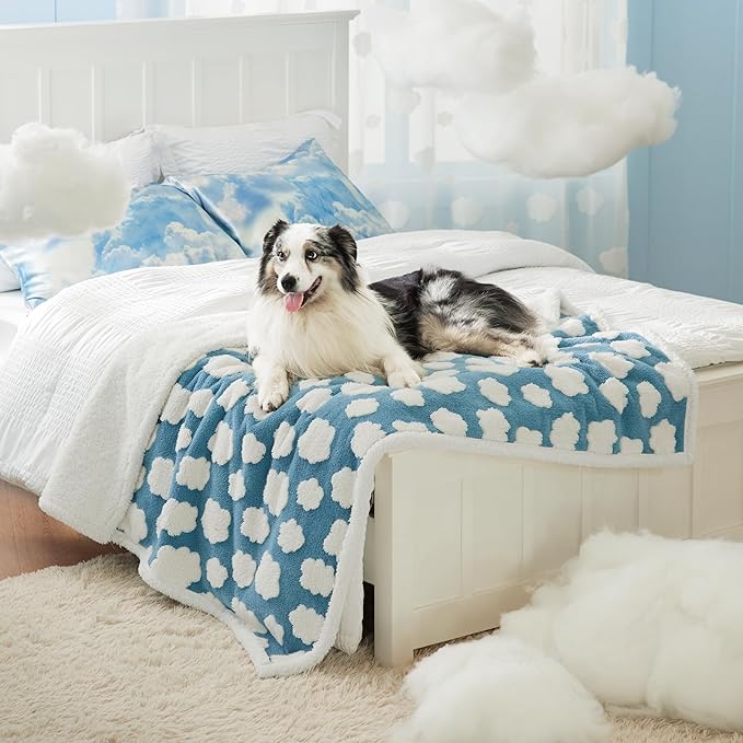 LE SURE Waterproof Dog Blankets for Large Dogs Cute Cozy 3D Jacquard,50x60 | Warm Soft Pet Blanket for Senior Dogs Aesthetic Gift, Washable Sherpa Throw, Reversible Couch Protector, Clouds Blue