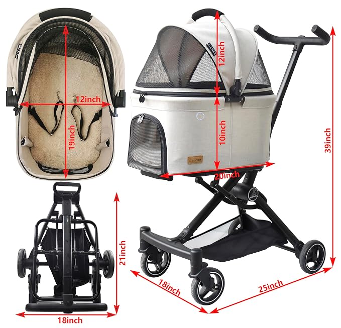 ROODO 2026 Upgraded Version 3 in 1 Dog Cat Stroller with Detachable Carrier Lightweight Folding Portable All Terrain Pet Travel System Puppy Kitty Doggie Bunny Stroller for 30lbs(Light Grey)