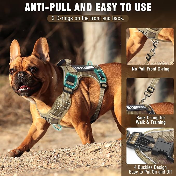 Tactical Dog Harness and Leash Set with 10 Patches for Medium Dogs | Heavy Duty No Pull Service Animal Dog Vest with Dog Seat Belt ,Adjustable Reflective Easy Walk for Training Hiking Camo M