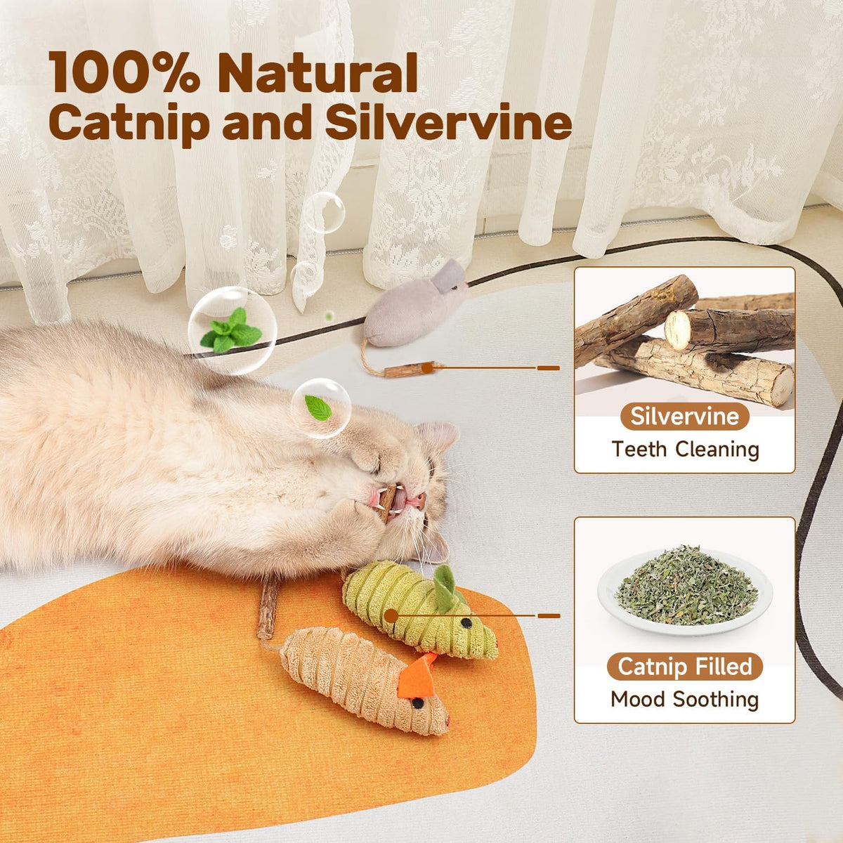 Potaroma Cat Toys: 3pcs Squeak Mice Interactive Catnip Silvervine Animals for Indoor Kittens - Dental Matatabi Cat Nip & Chew Exercise Toy for All Breeds & Species
