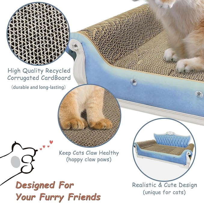 Luxury Cardboard Cat Scratcher Sofa Bed, Couch Shaped Scratching Board, Scratch Lounge with Catnip, Cat Scratcher for Indoor Cats Large Blue 25.4“x12
