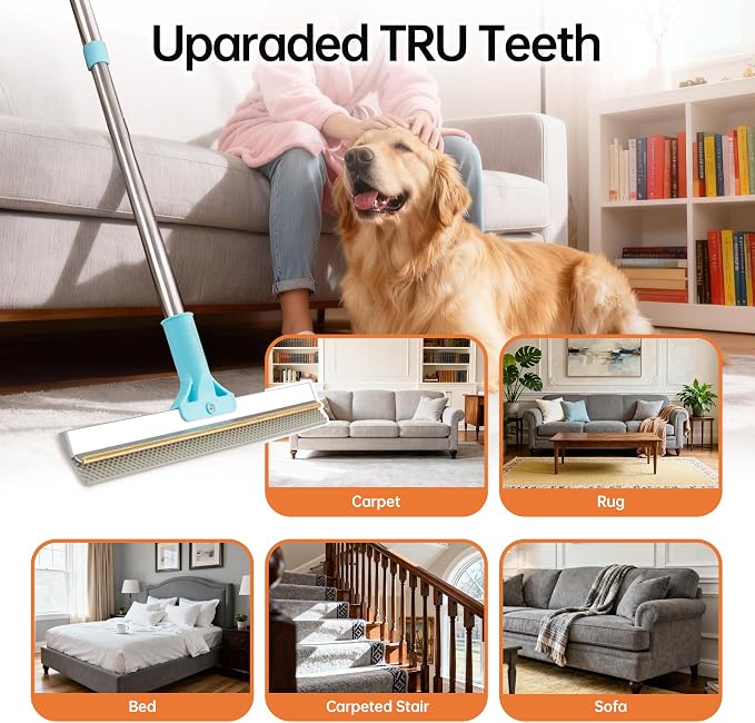 Carpet Rake for Pet Hair Removal Tool, 2 in 1 TPU and Copper Rake Teeth Uproot Clean Hair Remover with 63’’ Adjustable Long Handle,Cat & Dog for Carpets,Rugs, Mats (63’’ Handle)
