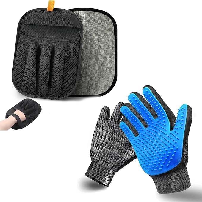 NVNAN 2-in-1 Pet Hair Removal Glove Set for Cats & Dogs, Five-Finger Electrostatic Pet Hair Gloves & Grooming Glove ，Reusable Magic Brush Pet Hair Remover Tool for Laundry，Carpet,Car Seat，Couch