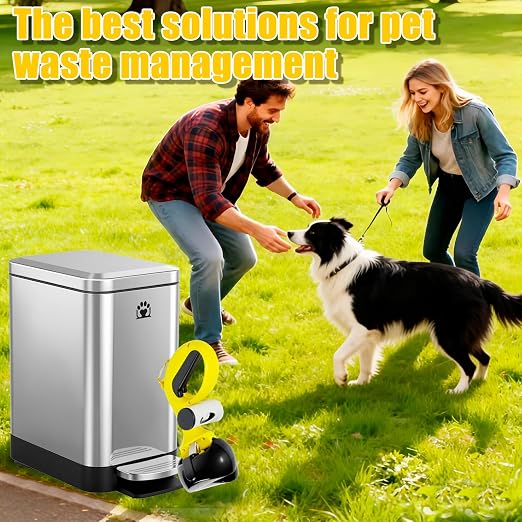 Dog Poop Trash Can Outside,3Gal Metal Outdoor Trash Can,Outdoor Dog Poop Trash Can with Lid for Odor Control - Includes Poop Scooper for Dogs & Bin Bag Holder (Silver)