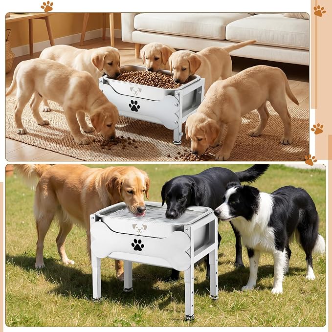 Mimorou 2.64 Gal Elevated Large Dog Water Bowl Raised Stainless Steel Bowl Stand Large Breed with Height Adjustable 7.8-12.5" Non-Slip Dog Feeding Station for Pressure Relief Indoor Outdoor(White)
