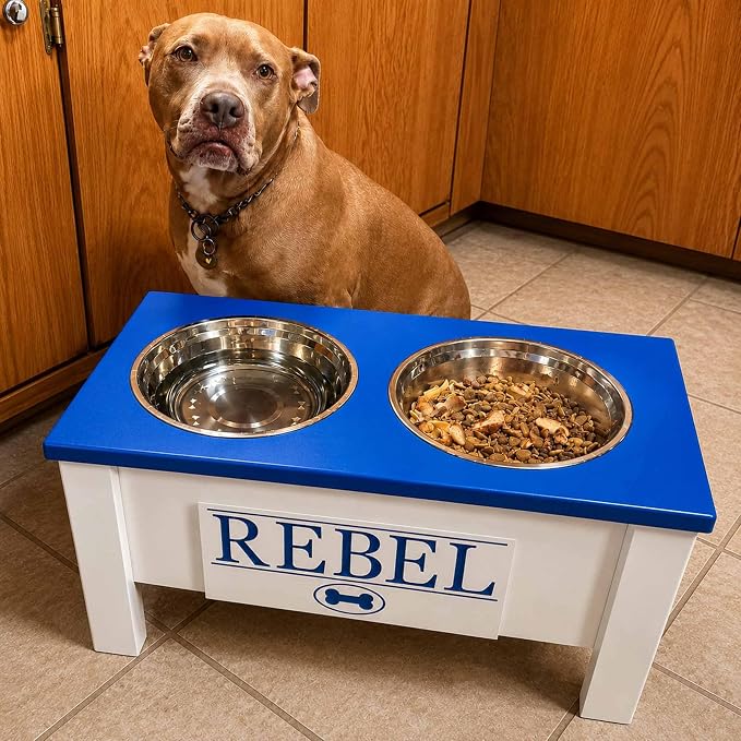 Elevated Dog Bowls for Large Dogs, Personalized Food Stand for Large Breed | Farmhouse Style, Elevated Wood Stand, Storage Container, Stainless Steel Bowls, Raised Anti-Slip Feeder, Made in USA