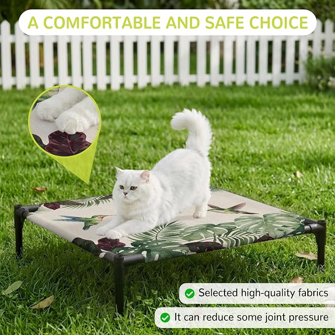 Outdoor Elevated Dog Bed for Small Dogs, Summer Hummingbirds Breathable Cooling Raised Dog Cot for Indoor/Outdoor, Tropical Palm Leaves Farmhouse Rustic Waterproof Elevated Pet Beds, S 20 x 20 in