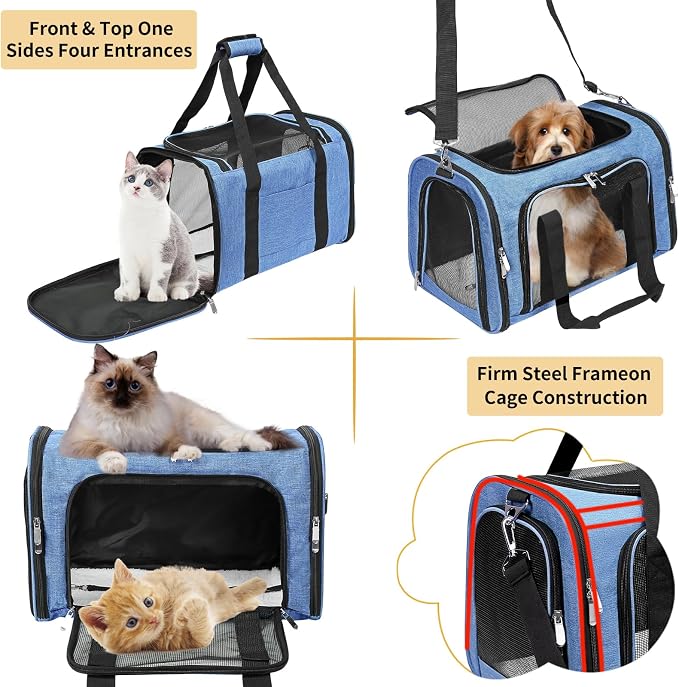 Soft-Sided Cat/Dog/Pet Carrier, Collapsible Pets Travel Carriers for Big Cats/Small Dogs with Shoulder Strap & Removable Mat, Mesh Puppy Carry Bag, Up to 25 Lbs (Blue)