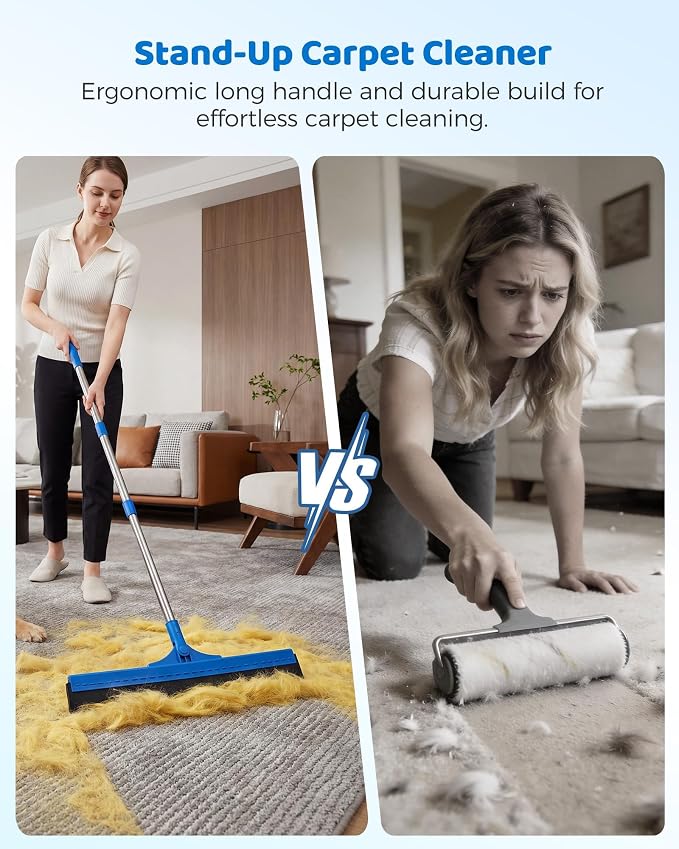 Carpet Rake for Pet Hair Removal - 54''Adjustable Long Handle Carpet Rake, 3 in 1 Reusable Silicone Carpet Broom with 2 Lint Scrapers, Pet Hair Remover Broom for Rugs, Mats, Couch, Car Interiors