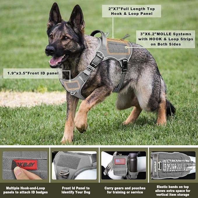 Tactical Dog Harness Large,Military Service Weighted Dog Vest Harness Working Dog MOLLE Vest with Loop Panels,No-Pull Training Harness with Leash Clips for Walking Hiking Hunting(Grey,XL)