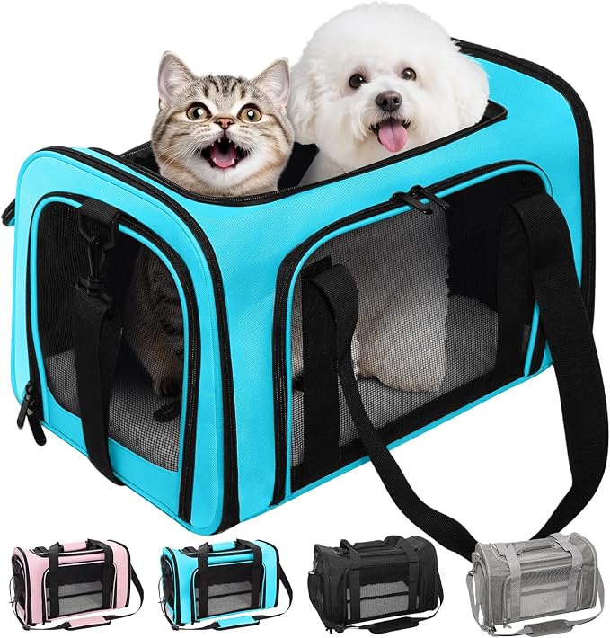 Soft-Sided Cat Carrier Expandable Pet Carrier Airline Approved Mesh Travel Carrier Up to 15lbs for Cats Small Dogs Collapsible Escape-Proof with Shoulder Strap Washable (18x11x11 Blue)