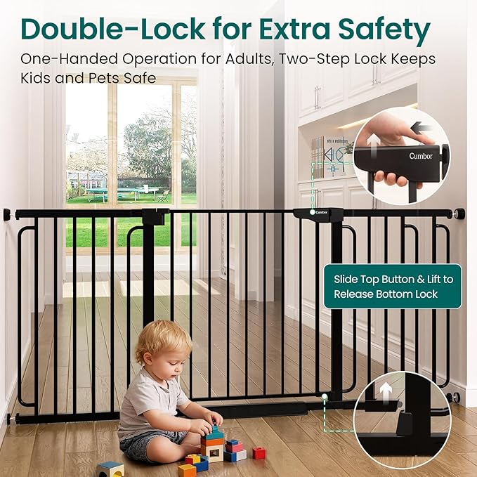 Cumbor Extra Wide Baby Gate, 36.6-69" Walk-Through Dog Gate for Stairs, Doorways & Hallways, 30.5“ Tall, Auto-Close & Dual-Swing Safety Child Gate Indoor, Easy Install Pressure-Mounted Pet Gate, Black