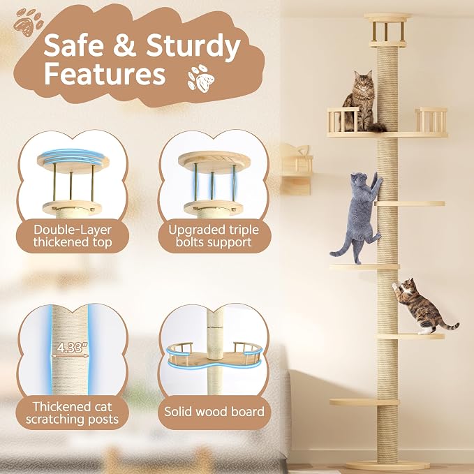 Wood Cat Climbing Furniture Set with Floor to Ceiling Cat Tree | 6 Tier Cat Tower Adjustable Height (95-110in) and Wall Mounted Cat Shelves, with Cat Scratching Post, House, Condo, Burlywood