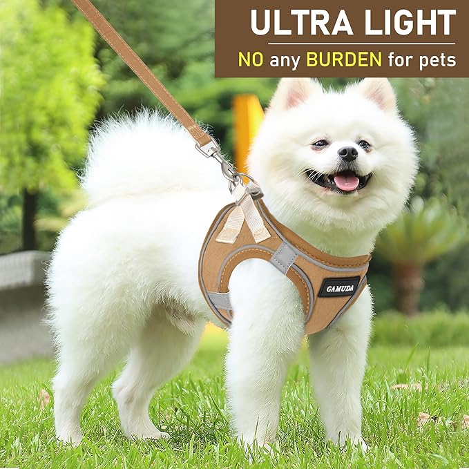 GAMUDA Small Pet Harness Collar and Leash Set, Step in No Chock No Pull Linen Fabric Soft Mesh Dog Vest Harnesses Reflective for Dogs Puppy Cats Kitten Rabbit (Brown, XXS)