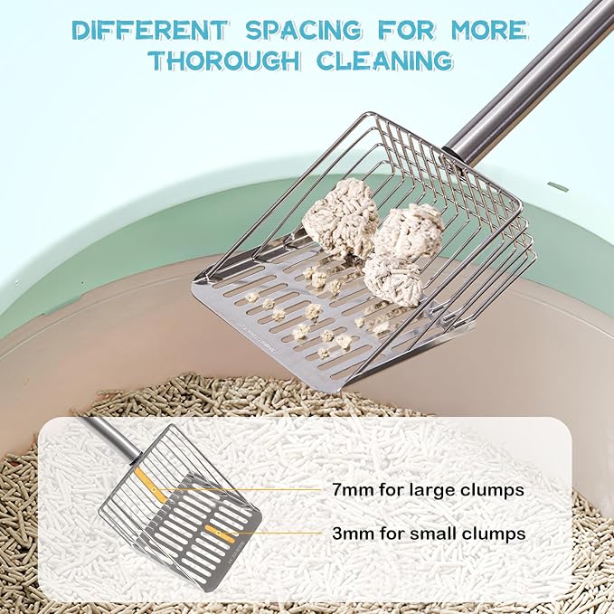 PETOCAT Metal Cat Litter Scoop with Holder Stainless Steel Kitten Poop Scooper, 17.5" Heavy Duty Pet Poop Sifter for Cat Box, Long Handle Large Waste Shovel, Fast Sifting Big Clumps, Solid & Durable