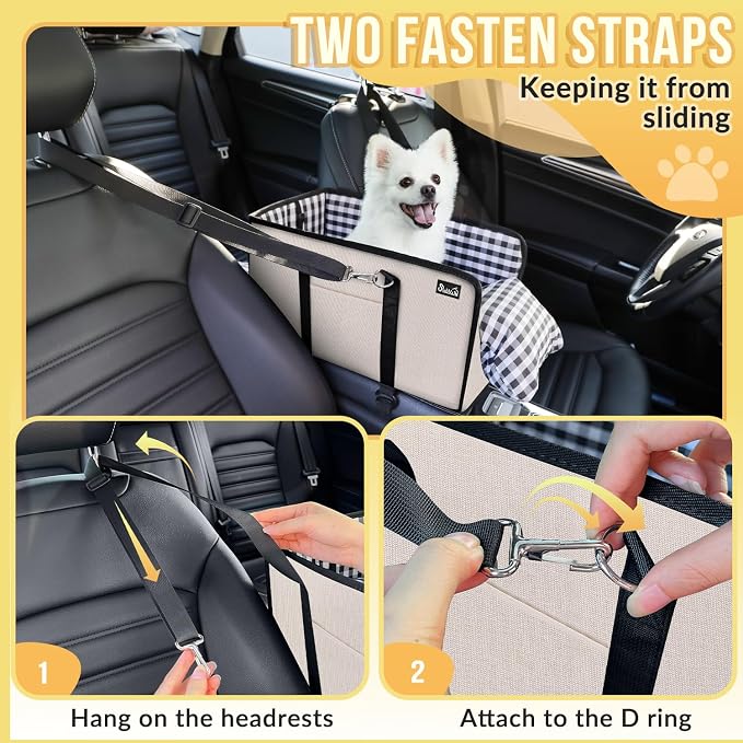 SlowTon Console Dog Car Seat - Portable Dogs Armrest Booster Seat for Small Dog, Anti-Collapse Pet Car Seat with Soft Cushion Safety Belt, Support Pet Up to 11lbs(Beige)