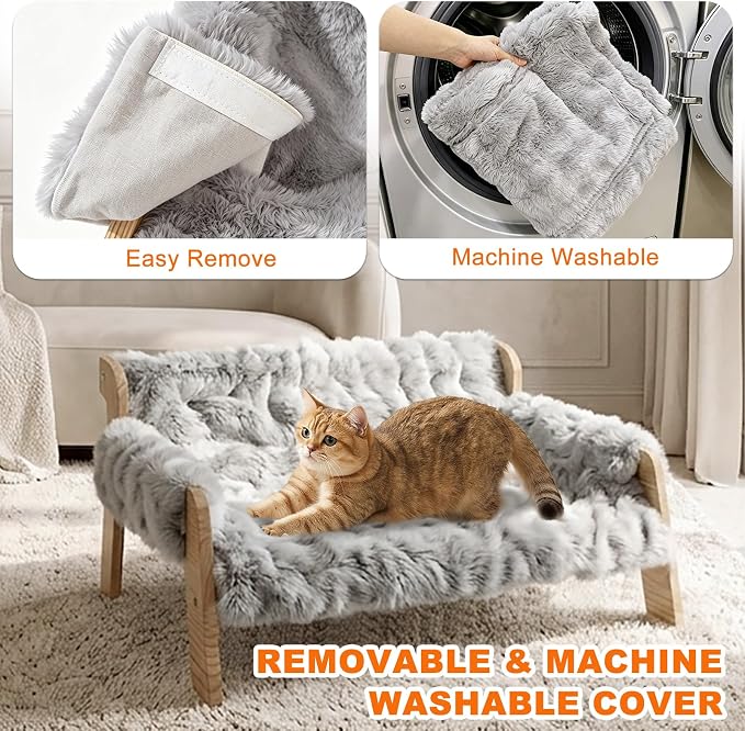 homegroove Elevated Cat Couch Bed, Wood Cat Sofa for Indoor Cats, Gray | 27"L x 18"W x 11.8"H, solid wood cat bed with removable washable cushion, available in white and gray, for cats & small dogs