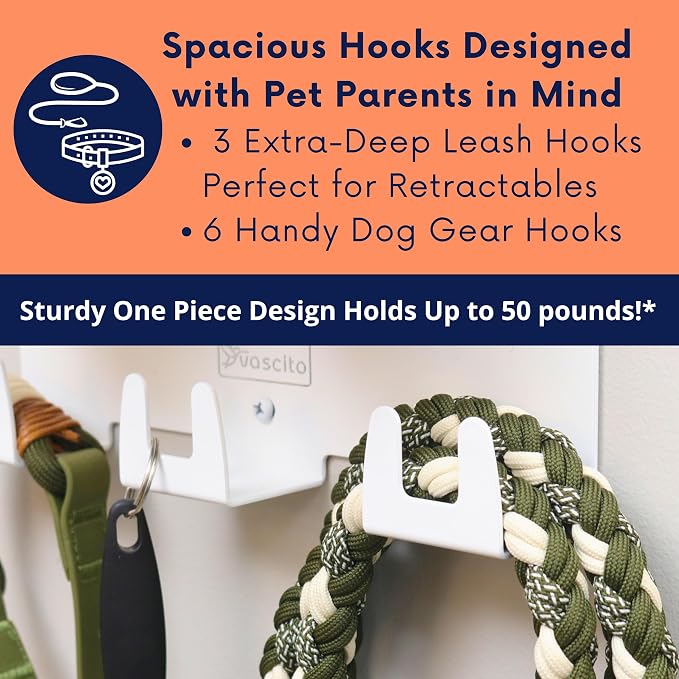 Dog Treat Holder For Wall Storage For Pets, Premium Pet Wall Organizer, Includes Two 16oz Airtight Dog Treat Jars, 3 Sets of Triple Hooks, Sturdy Shelf in Designer White