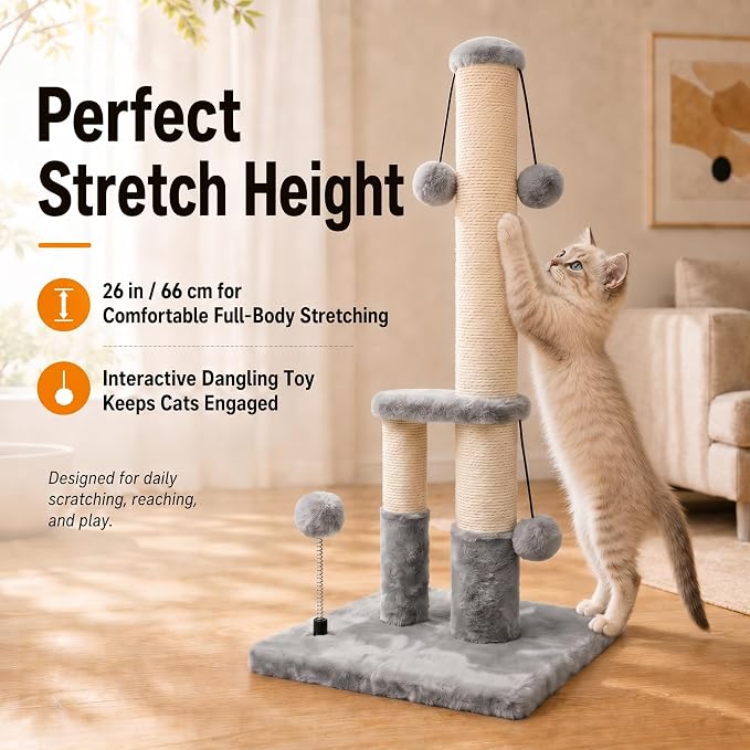Dimaka Tall Cat Scratching Post, Double Lower Posts Extra Stable Cat Post Tree Scratcher with Sisal Rope and Teasing 4 Balls Total Large Base (Grey)