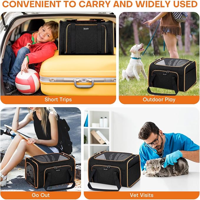 Pet Carrier, Large Soft Sided Expandable Travel Carrier with Steel Frame, Anti-Scratch Mesh, Removable Fleece Pad and Pockets for Cats, Dogs and Small Animals up to 15 lbs (Black, 5 Sides Expandable)