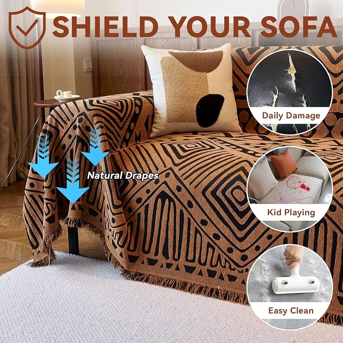 VClife Boho Couch Covers Washable Sofa Cover for Sofa, Luxury Sectional Couch Cover Chenille for 3 Cushion Couch, Anti Slip Pet Sofa Slipcover Dog Couch Cover Throw, Black Pumpkin Geometry, 71"x134"