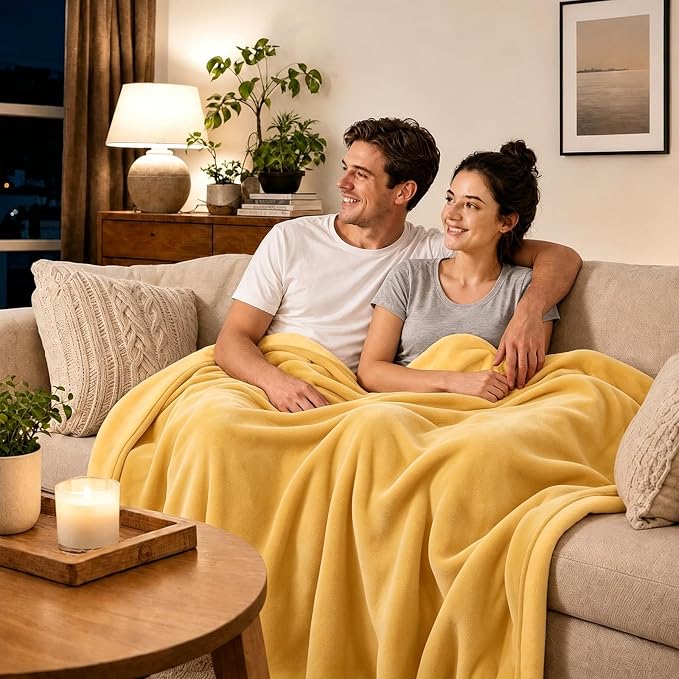 LOOBANI Waterproof Blanket for Bed, Flannel Queen Size 80"x90", Yellow | Double-Side Leak-Proof, Reversible, Stain-Proof Cover for Sofa Bed Protection, Ideal for Rest Movie Time, Camping, Travel