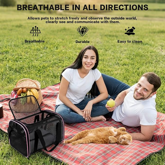 Cat Carrier Soft-Sided Dog Pet Carrier Pets Travel Carriers for Big Cats Small Dogs Mesh Puppy Carry Bag,TSA Airline Up to 16 Lbs (Pink, 17 * 11 * 11)