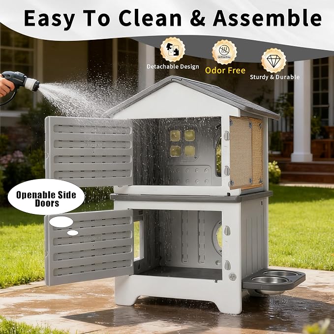 Outdoor Cat House with Liner, 100% Insulated Cat Houses for Winter Outside | 2 Story Waterproof Cat House for Outdoor Cats, Sturdy Cat Bowls & Scratch Pads, Clean Easily