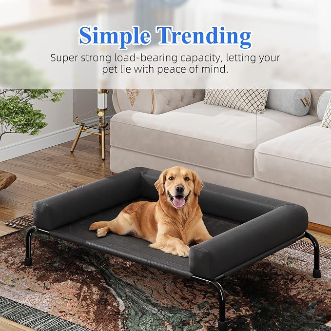 Simple Trending Elevated Dog Bed for Large Dogs with Bolsters, Black | Cooling Raised Dog Cot, Breathable Pet Bed for Outdoor, 47.75" x 31"