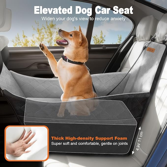 Elevated Dog Car Seat for Small and Medium Dogs Up to 35 lb | 4" High-Density Foam Dog Car Bed, 2 Storage Pockets,3 Safety belts,Fully Removable and Washable for Easy Care,Black+Gray