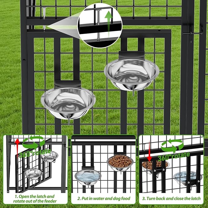 10 x 10 x 6.5 FT Outdoor Dog Kennel with Roof for Large Dogs | Large Dog Run with Rotating Feeder, 2 Stainless Steel Bowls and Double Latch Gate