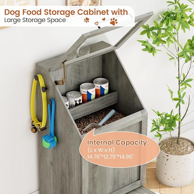 Garvee Dog Feeding Station with 2 Elevated Bowls, Grey | Dog Food Storage Cabinet, Flip Top Pet Feeding Station, Food Storage Container, Pet Toy Organizer