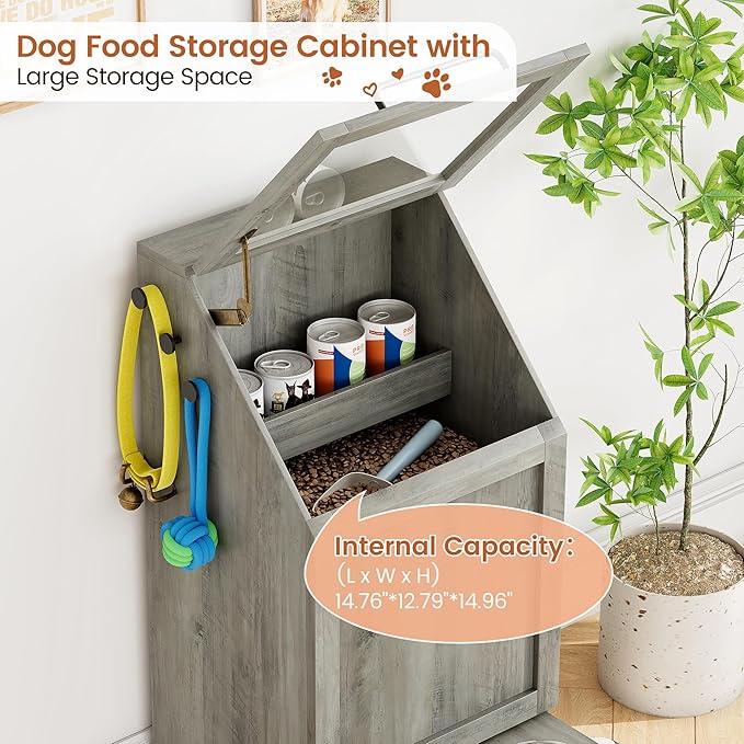 Dog Feeding Station with 2 Elevated Dog Bowls | Pet Feeding Station,Flip Top Pet Food Cabinet,Pet Food Container,Pet Toy Storage Organizer,Modern Storage Organizer, Grey