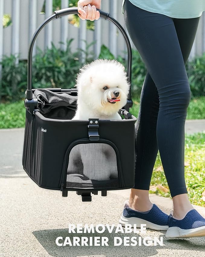4 Wheels Pet Stroller, Dog Stroller for Small/Medium Dogs and Cats up to 33 lbs, One-Click Fold & Draggable, Removable Carrier, Zipperless Entry, Mesh Windows, Black