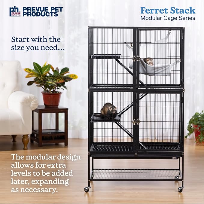 Prevue Pet Products Ferret Stack Two Story Ferret Home - Portable Stand, Escape Proof Lock, Includes Hammock & Ramps, Expandable Two Story Cage Stacking System with Wheels - Black