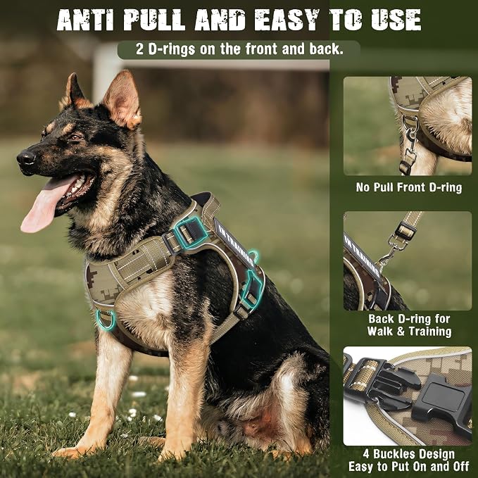 Tactical Dog Harness and Leash Set with 10 Patches for Large Dogs | Heavy Duty Adjustable No Pull Service Dog Vest with Dog Seat Belt,Reflective Easy Walk for Training Walking Hiking Camo XL