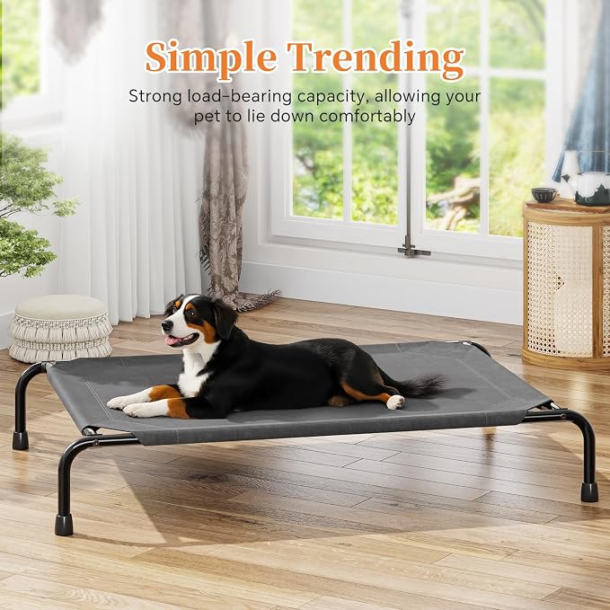 Simple Trending Raised Dog Bed for Large Dogs, Waterproof Elevated Dog Cot | Cooling Breathable Pet Hammock Bed, Washable Mesh, Indoor or Outdoor Use, Anti-Slip Feet, Portable, 47.75" x 30.5", Dark Grey