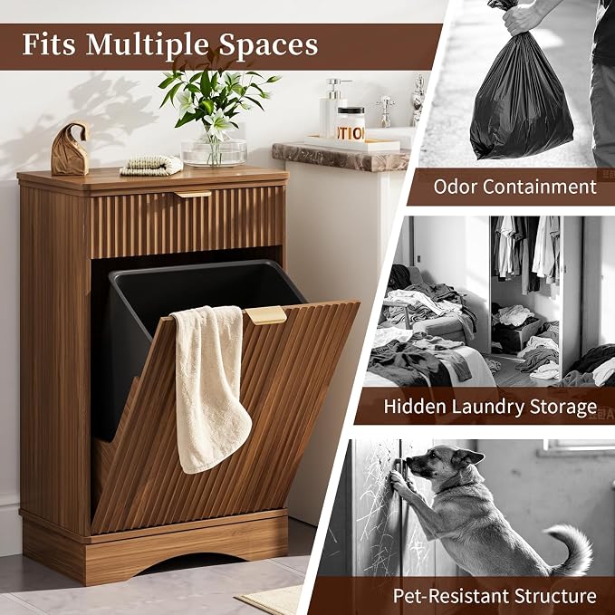 Tilt Out Trash Can Cabinet with Dog Bowl, 10 Gallons Dog Feeding Station with Storage Cabinet, Pet Feeder Cabinet with Hideaway Drawer for Kitchen, Living Room (Tilt-Out Dog Feeding Station-Walnut)