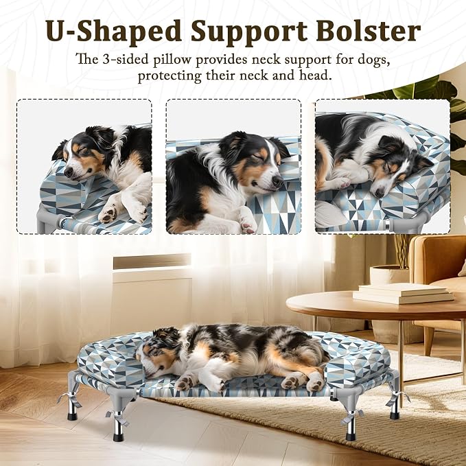 Elevated Dog Bed with Bolster, Raised Cooling Orthopedic Dogs Cot Medium | Hexagon Outdoor Dog Bed with Metal Frame for Up to 80 lbs, Portable Dog Hammock for Patio Camping, Breathable, Off the Ground