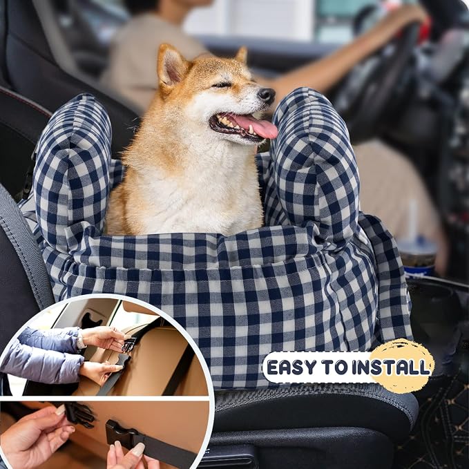 Dog Car Seat for Small Dogs, Portable Puppy Car Seat of Easy Installation, Fashionable Pet Carrier Bag with Large Pockets, Machine Washable Dog Booster Seat (Checkered Navy)