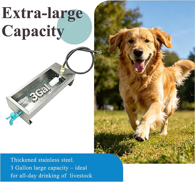 Automatic Livestock Waterer Drinking Trough Large Dog Water Bowl Dispenser 3 Gallon Stainless Steel with Float Valve for Cattle Chicken Goat Horse Pigs Poultry Outdoor Animals