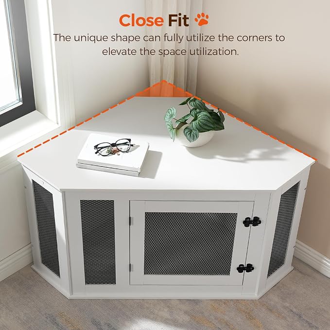 MAHANCRIS Corner Dog Crate Furniture, Wooden Dog Kennel End Table, Decorative Pet Crate Indoor Use, Furniture Style Dog House for Small Medium Dog, Dog Cage TV Stand, White and Black DCWT0801