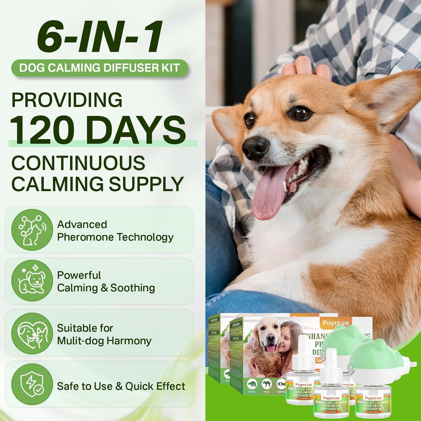 Dog Calming Diffuser with 3 Timing Functions, 6-in-1 Dog Anxiety Relief Diffuser Kit, 120-Day Anxiety Relief, Stress Relaxation Pheromones Calming for All Dogs (2 Diffusers + 4 Refills)