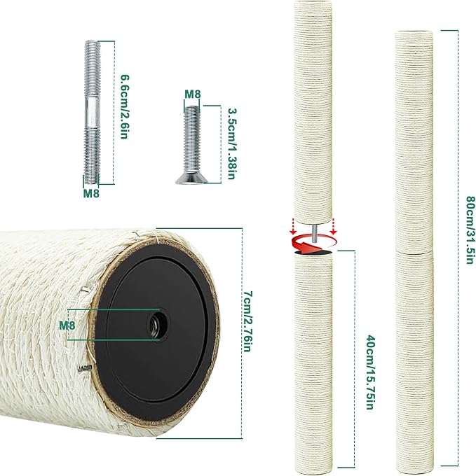 4 PCS Cat Scratching Post Replacement, 15.7in M8 Sisal Cat Tree Replacement Posts with Screws, Natural Sisal Refill Poles for Indoor Cat Tree Repair