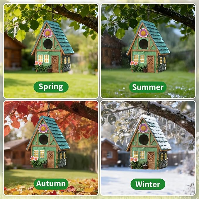 Bird Houses for Outside Cottage-Style Hanging Birdhouse with Flower Accents – Hand-Painted Resin Decorative Birdhouses for Outdoors for Bluebird Finches Cardinals Bird Nesting Garden, Patio, Yard