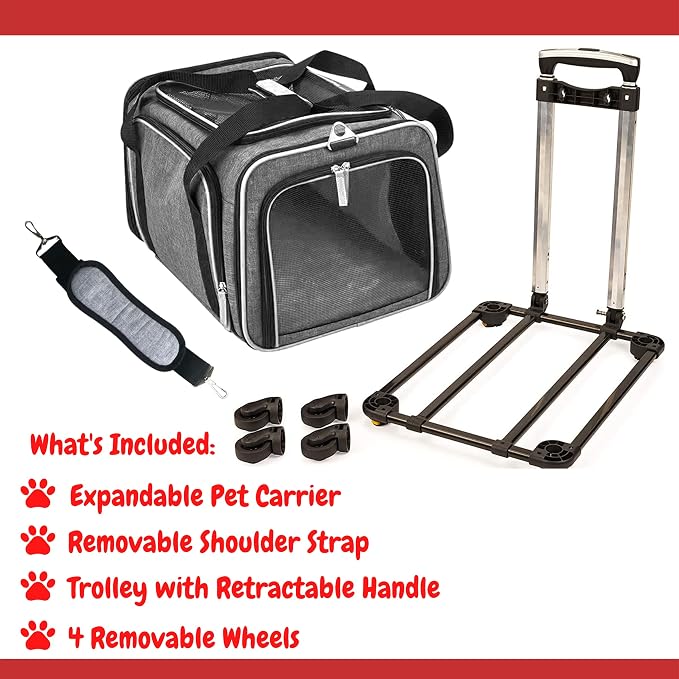 Ruff Life 101 Airline Approved Expandable Premium Pet Carrier on Wheels- Two Sided Expandable Rolling Carrier- Designed for Dogs & Cats- Extra Spacious Soft Lined Carrier! (Grey)