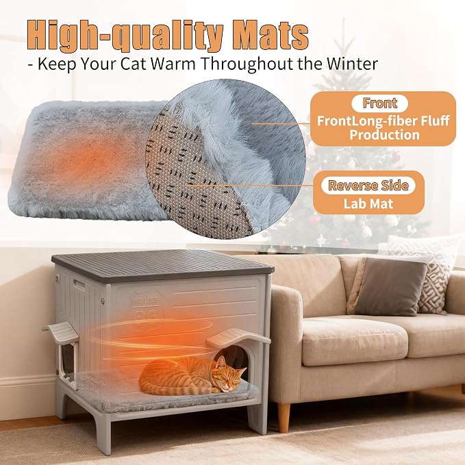 Cat House Outside with Soft Mat for Winter Plastic Cat House Outdoor | Waterproof Feral Cat Shelter with Escape Door, Easy to Assemble Easy to Clean