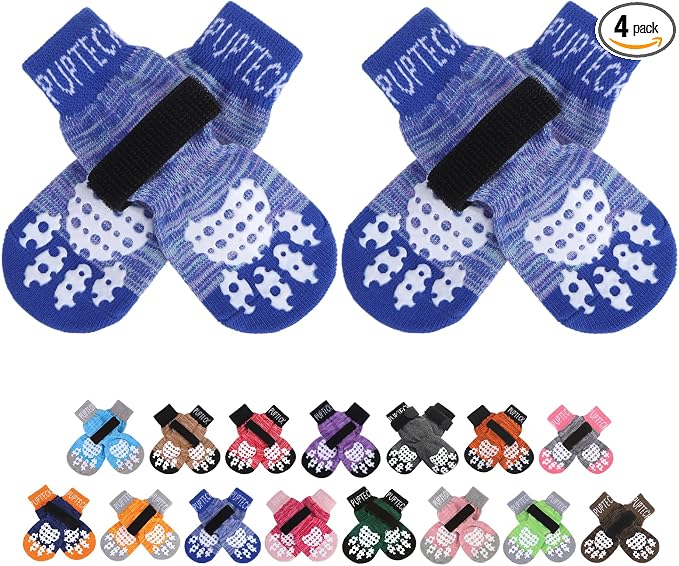 PUPTECK Anti-Slip Dog Socks with Double Sides Grips for Small Medium Large Dogs Hardwood Floors Prevents Licking, Dog Shoes for Hot Pavement Traction Control for Senior Dogs, Royal Blue, XS