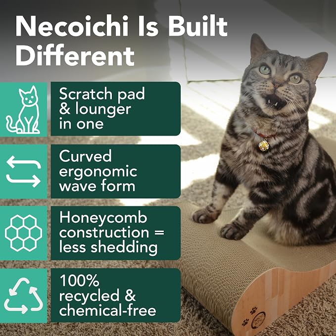 Necoichi Cardboard Cat Scratcher Bed for Indoor Cats - Cat Scratching Board, Horizontal Cat Scratch Pad Lounger with Reversible Usability and Extra Comfort for Lounge, Curved (23" Large, Oak)