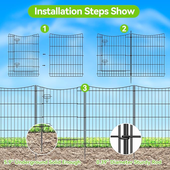 INJOPEXI Garden Fence 12 Panels 23.6ft (L)×30in (H) Decorative Metal Fences with 11 Panels + 1 Gate, No Dig Animal Barrier Fencing Rustproof Wire Temporary Rabbit Dog Fence Border for Outdoor Yard